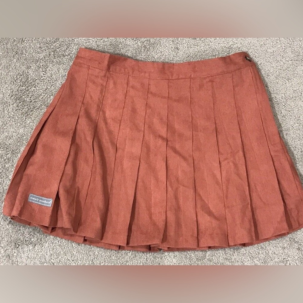 Simply Southern Pleated Mini Corduroy Skirt Womens size L Orange Classic Preppy